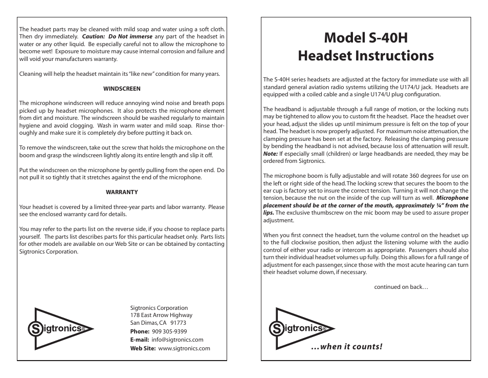 Sigtronics S-40H User Manual | 2 pages