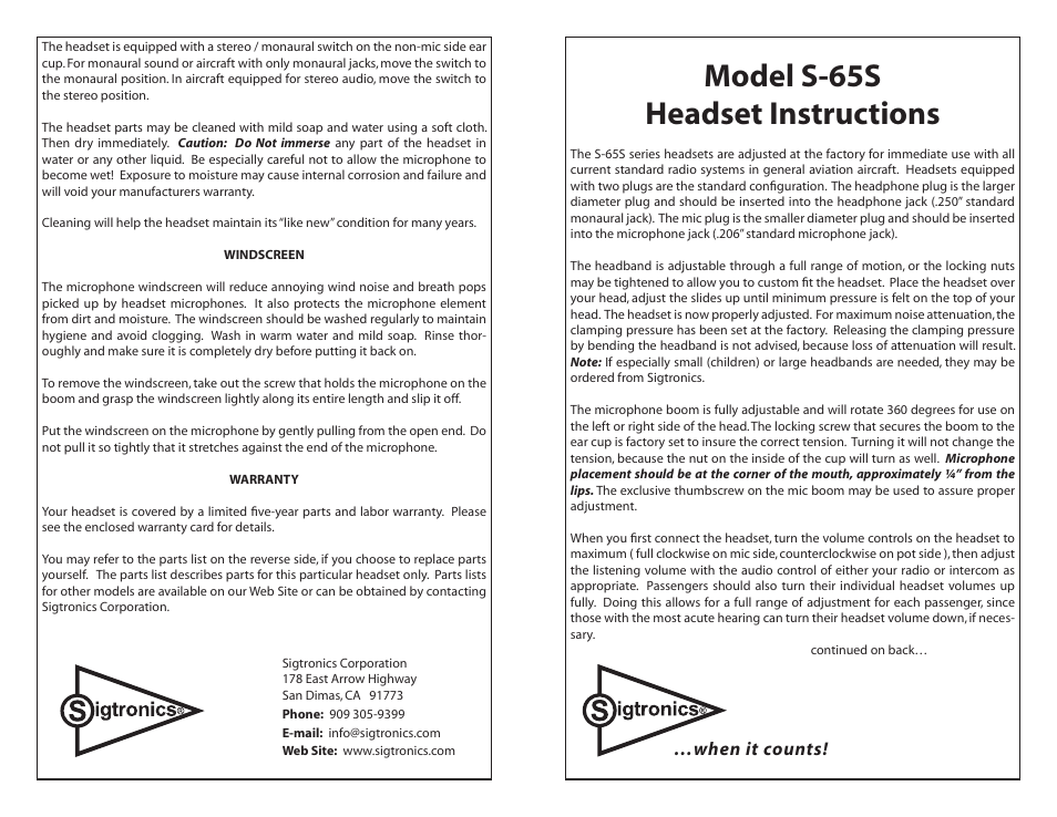 Sigtronics S-65S User Manual | 2 pages