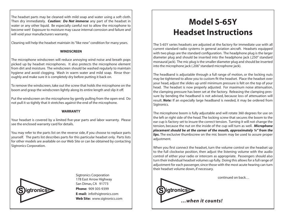 Sigtronics S-65Y User Manual | 2 pages