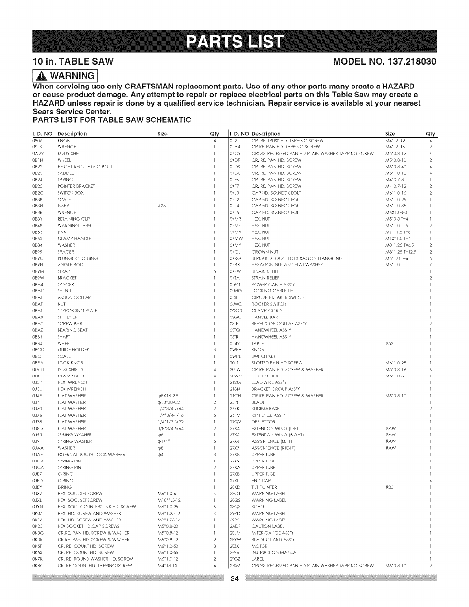 10 in. table saw, Warning | Craftsman 137.218030 User Manual | Page 24 / 30