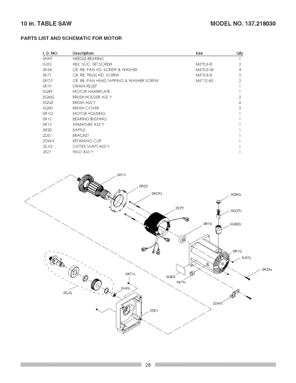 Parts list and schematic for motor | Craftsman 137.218030 User Manual | Page 26 / 30