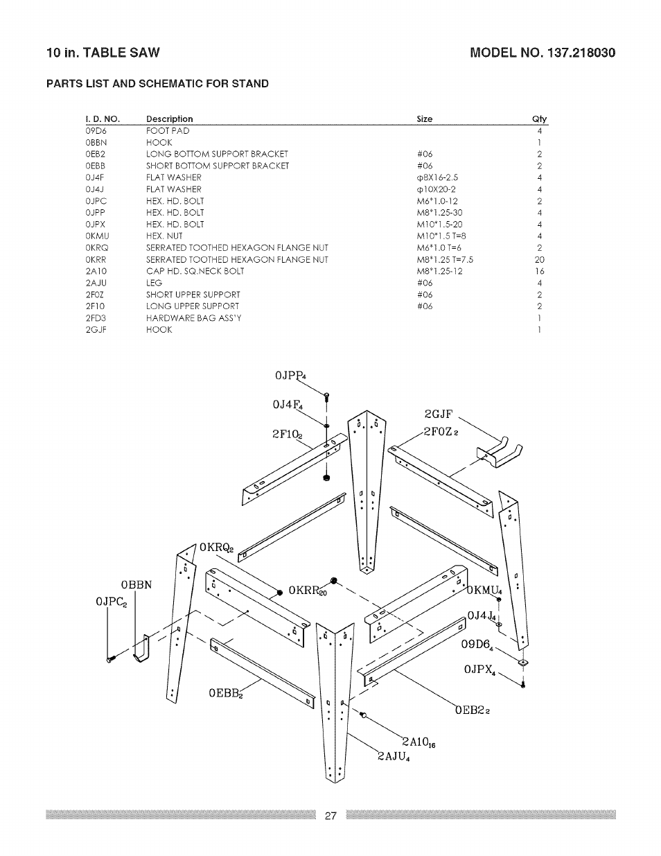 Parts list and schematic for stand | Craftsman 137.218030 User Manual | Page 27 / 30