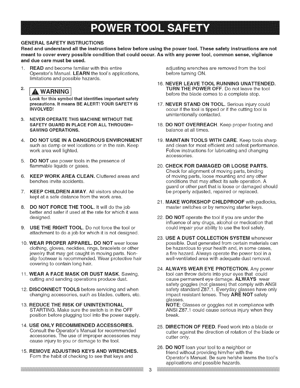 Power tool safety | Craftsman 137.218030 User Manual | Page 3 / 30