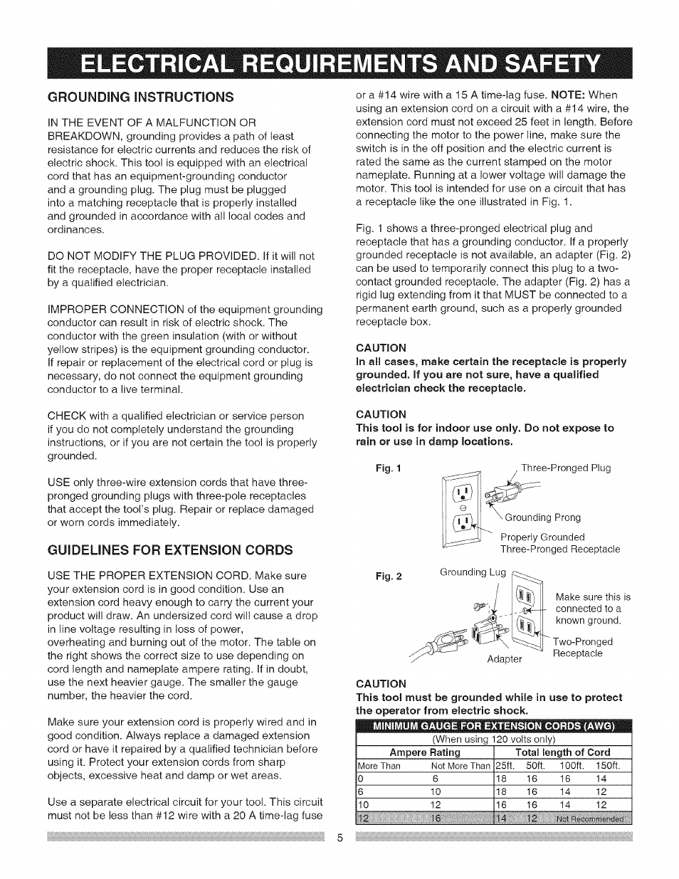 Elegtrjcal requirements and saf, Electrical requirements and safety, Isililtlllilliishmilll | Grounding instructions, Guidelines for extension cords | Craftsman 137.218030 User Manual | Page 5 / 30
