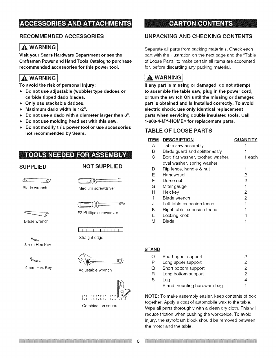 Accessories and attachments, Tools needed for assembly | Craftsman 137.218030 User Manual | Page 6 / 30