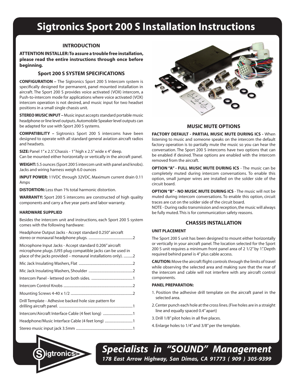 Sigtronics Sport 200 S Installation Instructions (Out of Production) User Manual | 4 pages
