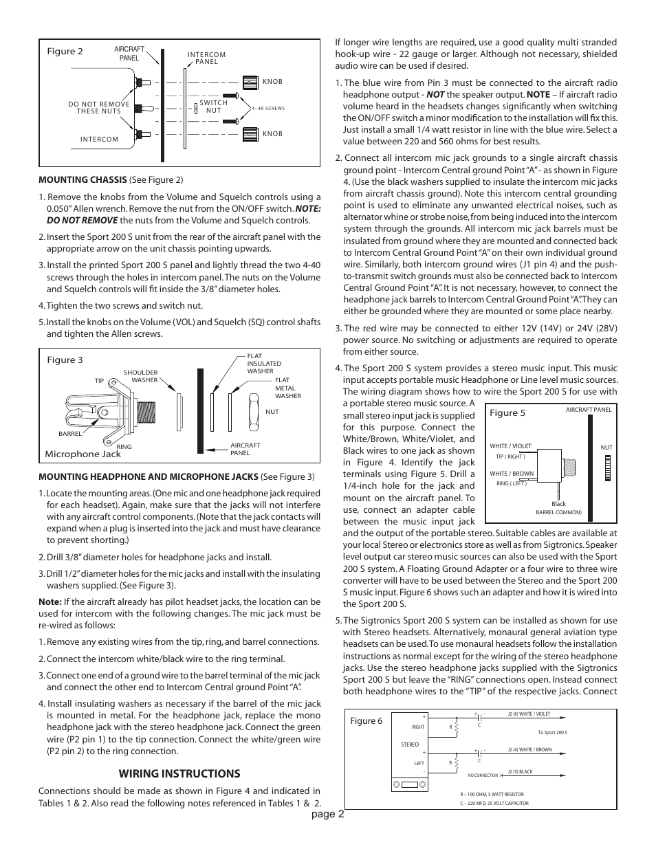Wiring instructions, Page 2 | Sigtronics Sport 200 S Installation Instructions (Out of Production) User Manual | Page 2 / 4