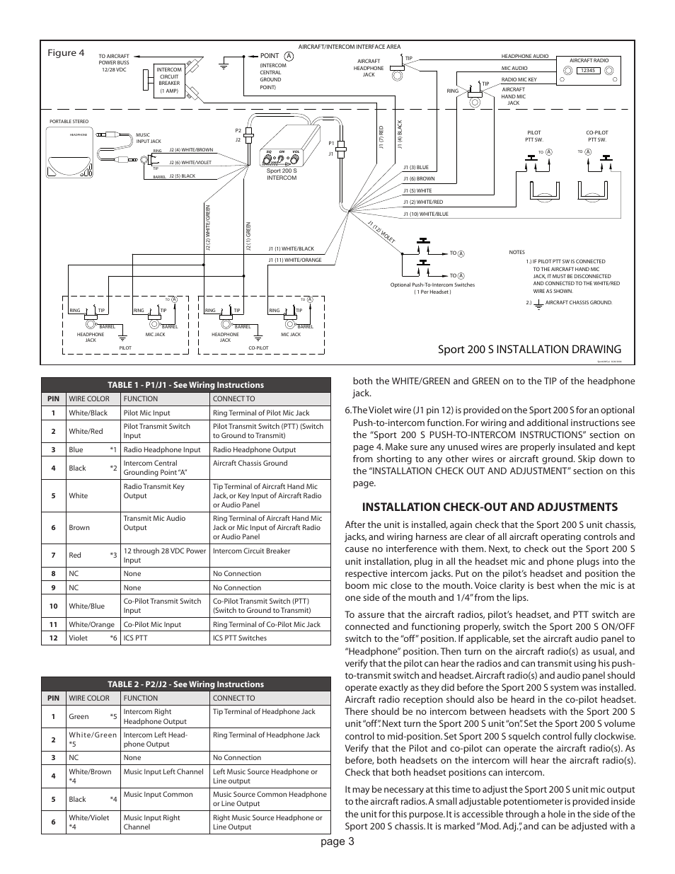 Installation check-out and adjustments, Page 3, Figure 4 | Table 1 - p1/j1 - see wiring instructions, Table 2 - p2/j2 - see wiring instructions | Sigtronics Sport 200 S Installation Instructions (Out of Production) User Manual | Page 3 / 4