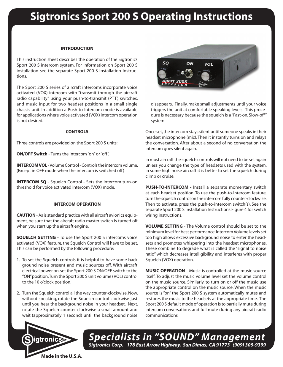 Sigtronics Sport 200 S Operating Instructions (Out of Production) User Manual | 2 pages