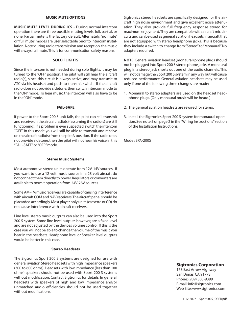 Sigtronics Sport 200 S Operating Instructions (Out of Production) User Manual | Page 2 / 2