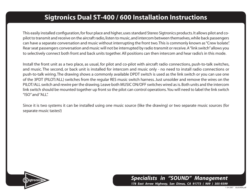 Sigtronics Dual ST-600 User Manual | 2 pages