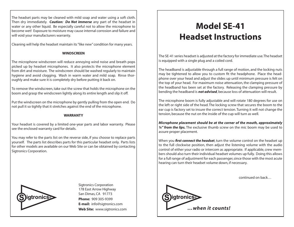 Sigtronics SE-41 Chrome frame User Manual | 2 pages