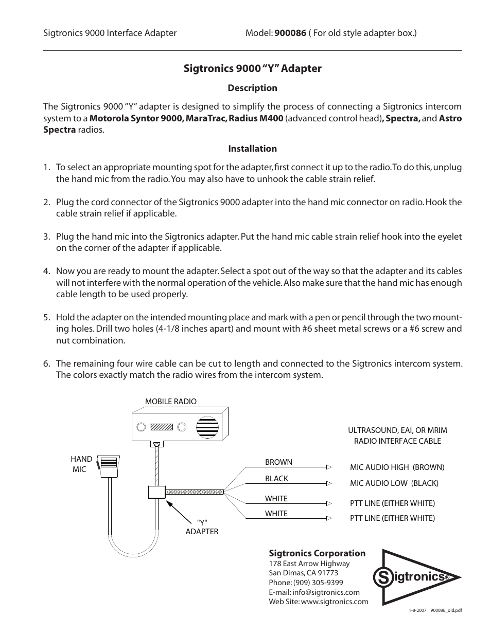 Sigtronics 900086 old User Manual | 1 page