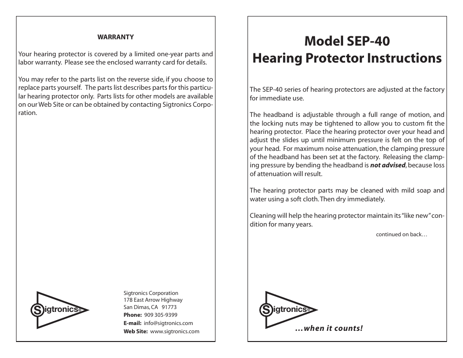 Sigtronics SEP-40 User Manual | 2 pages