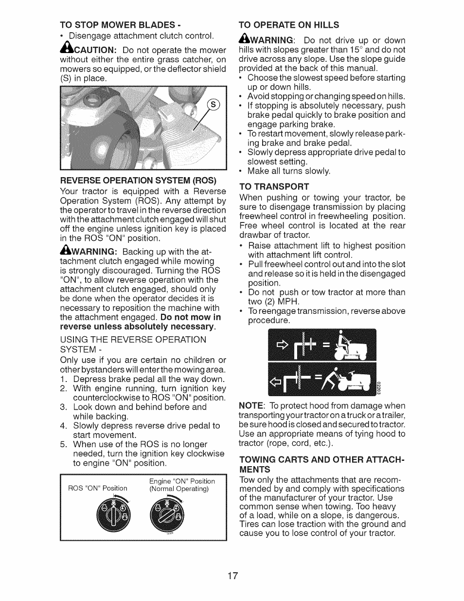 Reverse operation system (ros), To operate on hills, To transport | Towing carts and other attachments | Craftsman 917.28991 User Manual | Page 17 / 72