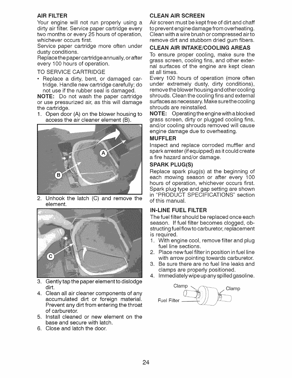 Air filter, Clean air screen, Clean air intake/cooling areas | Spark plug(s), In-line fuel filter | Craftsman 917.28991 User Manual | Page 24 / 72