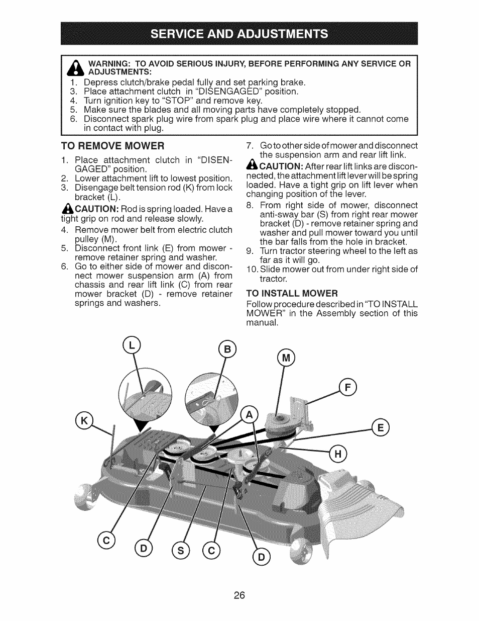 To remove mower, To install mower, Service and adjustments | Craftsman 917.28991 User Manual | Page 26 / 72