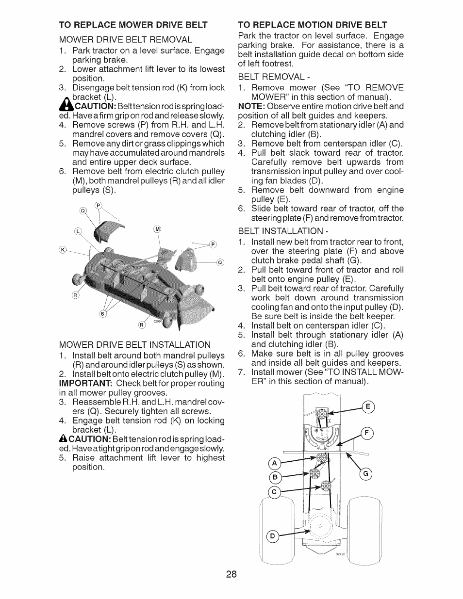 To replace mower drive belt, To replace motion drive belt | Craftsman 917.28991 User Manual | Page 28 / 72