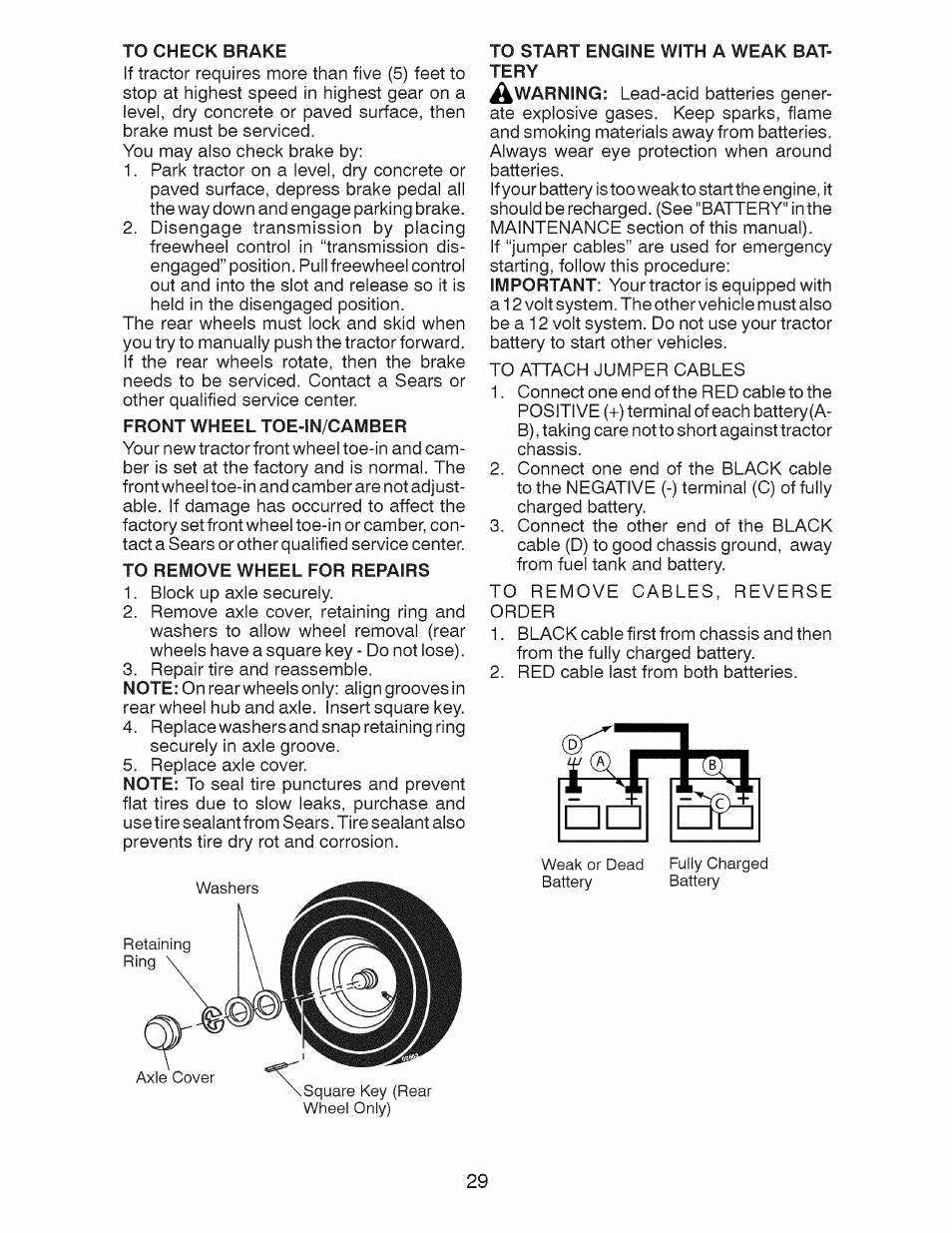 Front wheel toe-in/camber, To remove wheel for repairs, To start engine with a weak battery | Craftsman 917.28991 User Manual | Page 29 / 72