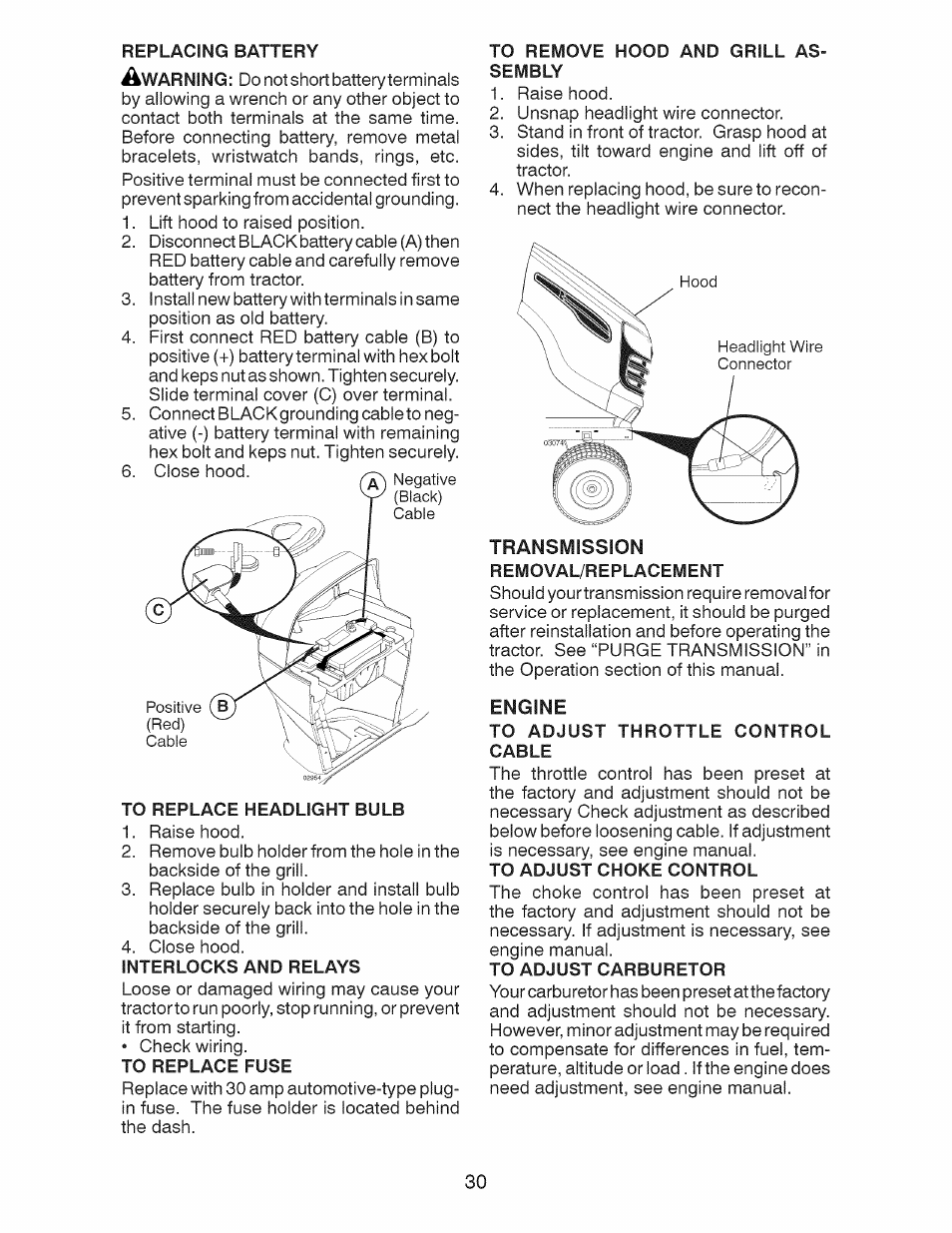 Replacing battery, To replace headlight bulb, Interlocks and relays | To remove hood and grill assembly, Removal/replacement, To adjust throttle control cable | Craftsman 917.28991 User Manual | Page 30 / 72