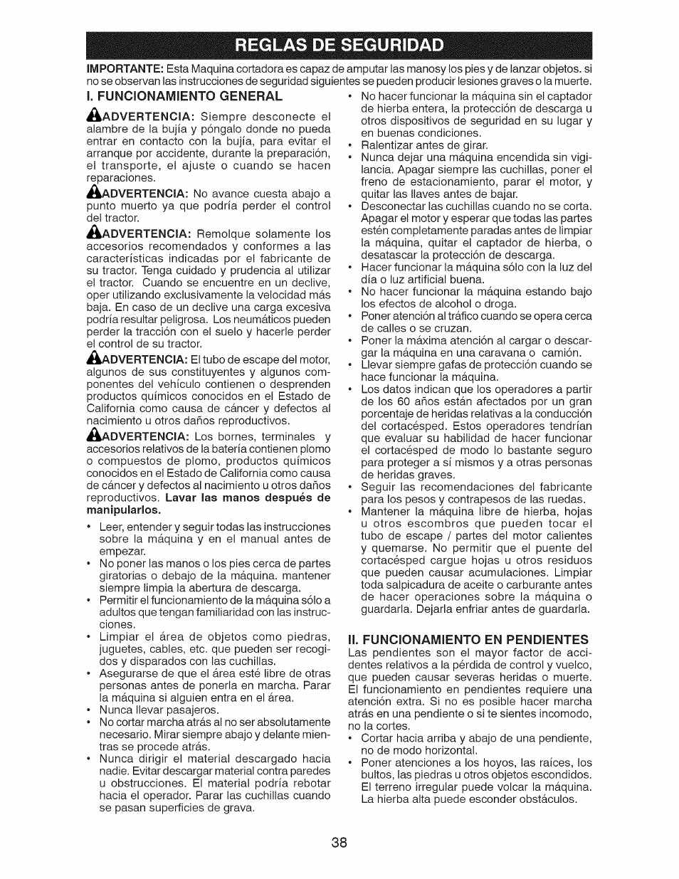 I. funcionamiento general, Ii. funcionamiento en pendientes, Reglas de seguridad | Craftsman 917.28991 User Manual | Page 38 / 72