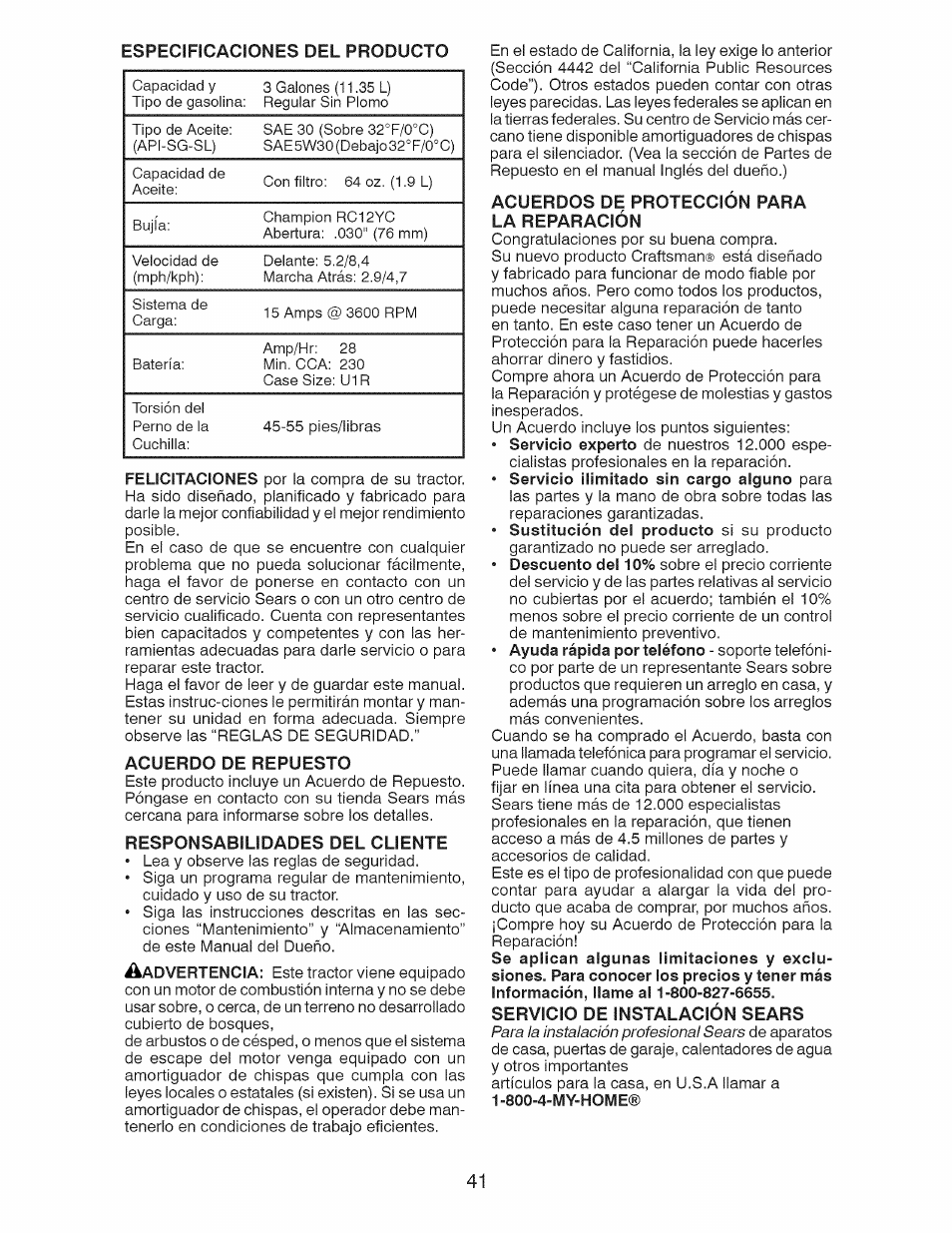 Acuerdo de repuesto, Responsabilidades del cliente, Acuerdos de protección para la reparación | Servicio de instalación sears | Craftsman 917.28991 User Manual | Page 41 / 72