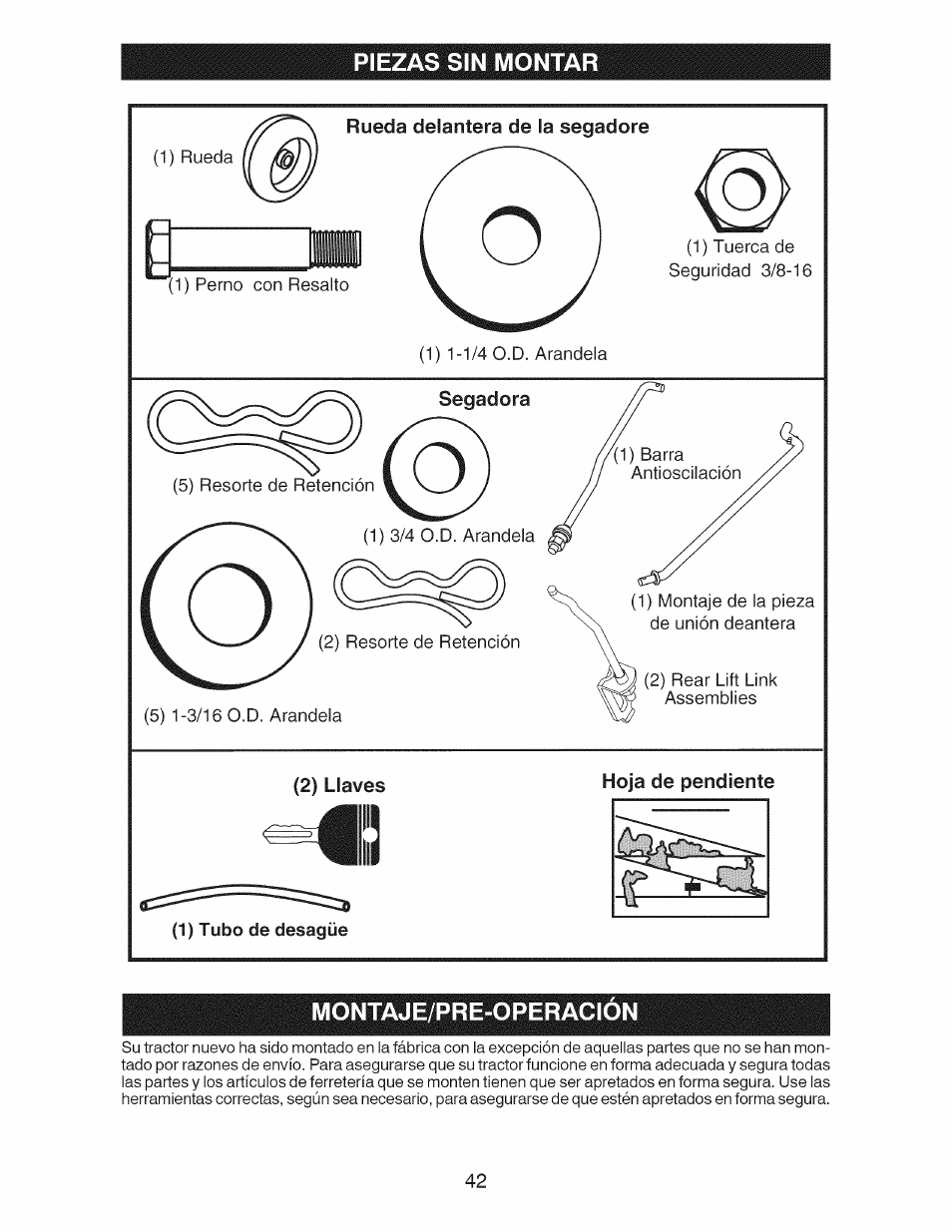 2) llaves, Hoja de pendiente, 1) tubo de desagüe | Craftsman 917.28991 User Manual | Page 42 / 72