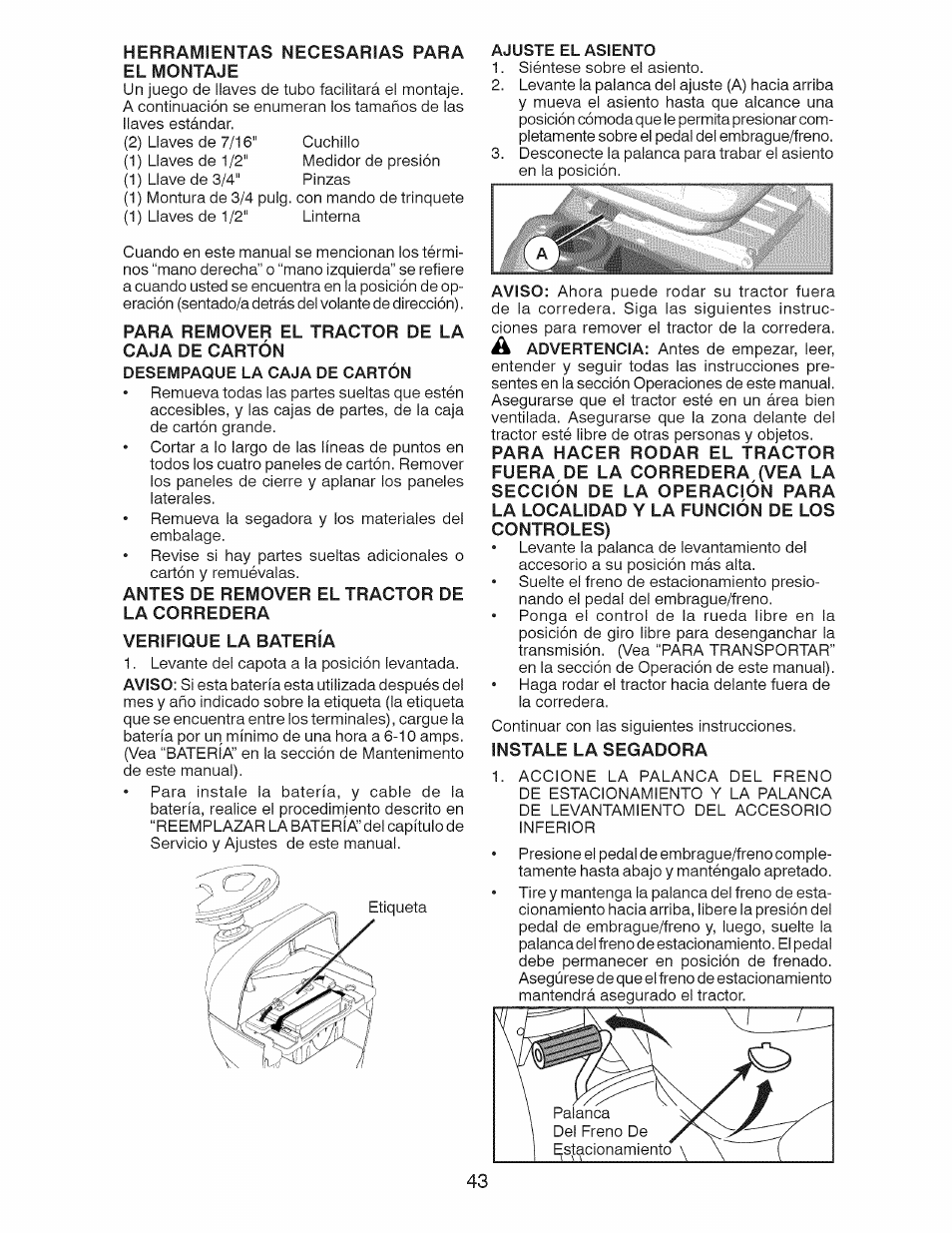 Herramientas necesarias para el montaje, Antes de remover el tractor de la corredera, Verifique la batería | Instale la segadora | Craftsman 917.28991 User Manual | Page 43 / 72