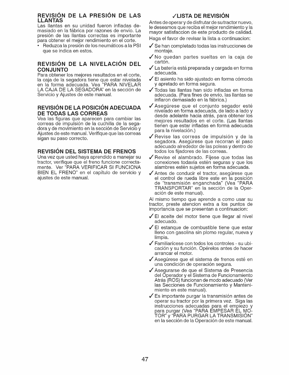 Revisión de la presión de las, Revisión de la nivelación del conjunto, Revisión del sistema de frenos | Lista de revisión | Craftsman 917.28991 User Manual | Page 47 / 72