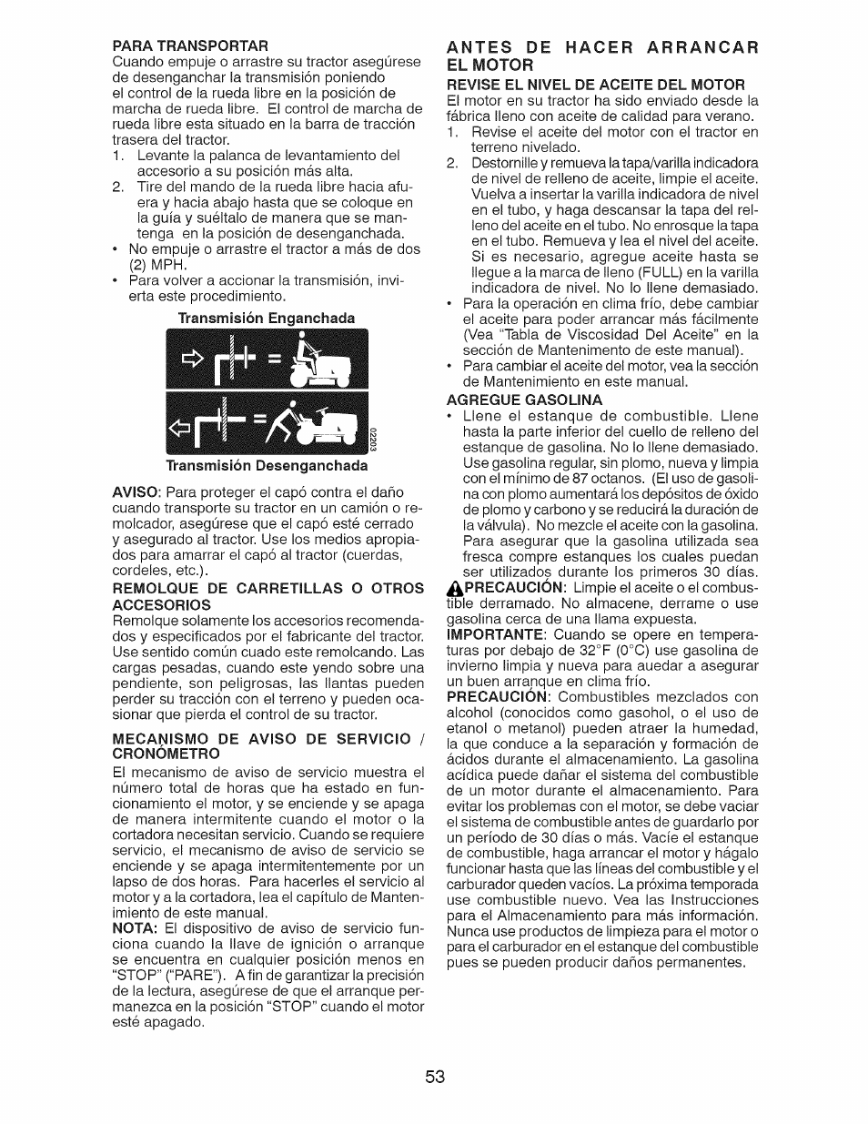 P|+=/<|íi, Antes de hacer arrancar el motor | Craftsman 917.28991 User Manual | Page 53 / 72