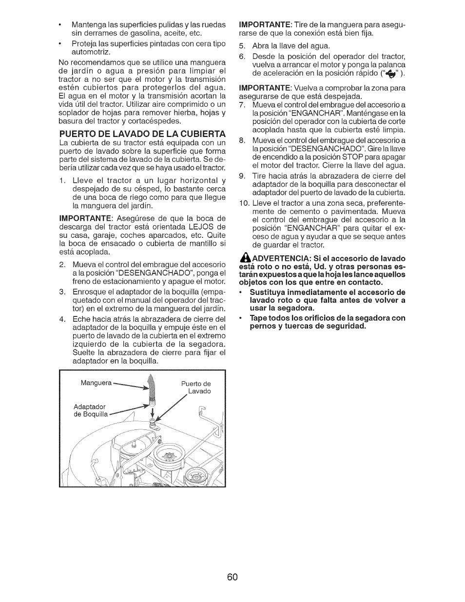 Puerto de lavado de la cubierta | Craftsman 917.28991 User Manual | Page 60 / 72