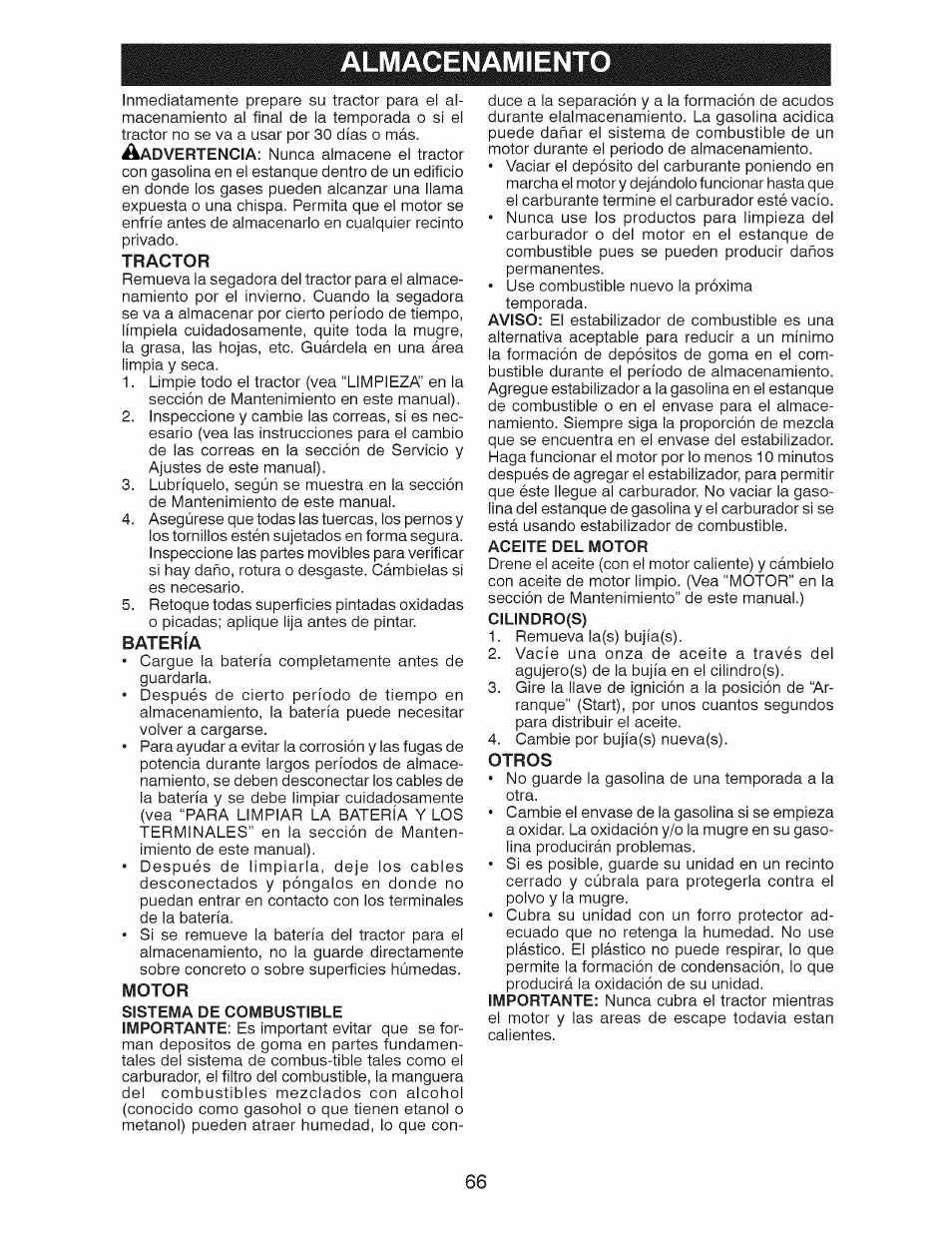 Almacenamiento, Tractor, Batería | Motor, Otros | Craftsman 917.28991 User Manual | Page 66 / 72