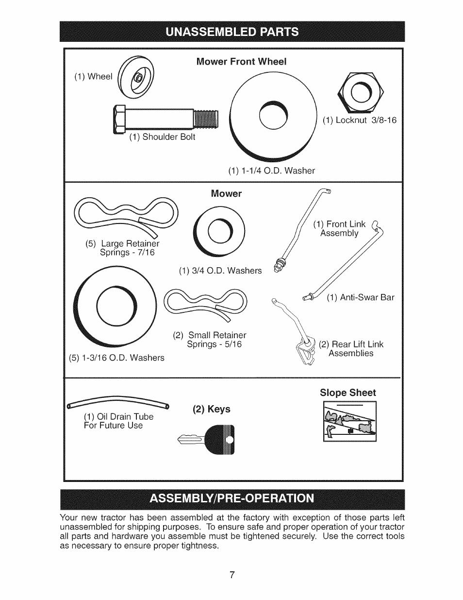 Mower, Slope sheet, 2) keys | Unassembled parts, Assembly/pre-operation | Craftsman 917.28991 User Manual | Page 7 / 72