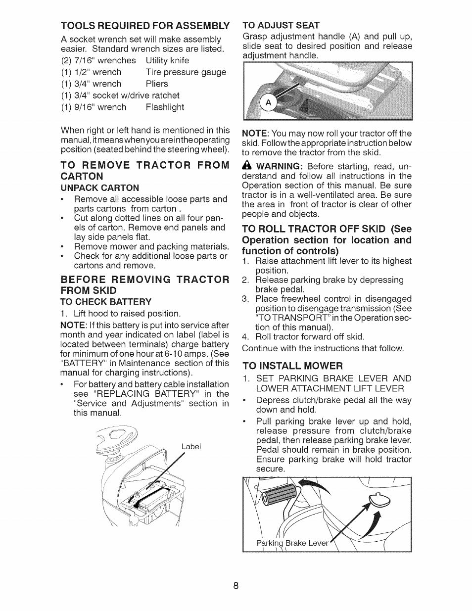 To remove tractor from, Carton, Unpack carton | To adjust seat | Craftsman 917.28991 User Manual | Page 8 / 72