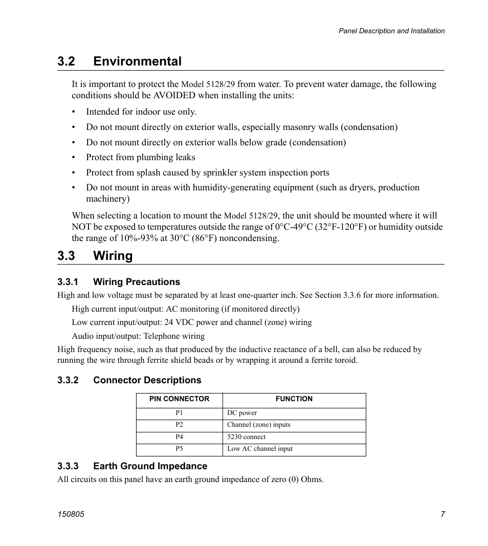2 environmental, 3 wiring, 1 wiring precautions | 2 connector descriptions, 3 earth ground impedance | SilentKnight 5129 Digital Alarm Communicator Transmitter User Manual | Page 11 / 42