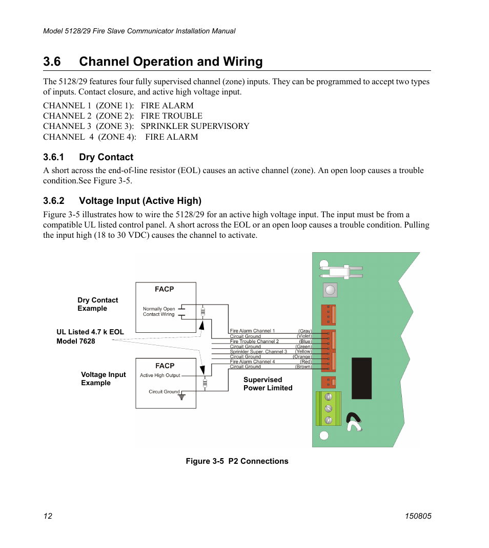 6 channel operation and wiring, 1 dry contact, 2 voltage input (active high) | N 3.6) | SilentKnight 5129 Digital Alarm Communicator Transmitter User Manual | Page 16 / 42