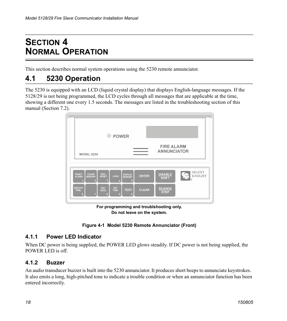 Section 4 normal operation, 1 5230 operation, 1 power led indicator | 2 buzzer, Ection, Ormal, Peration | SilentKnight 5129 Digital Alarm Communicator Transmitter User Manual | Page 22 / 42