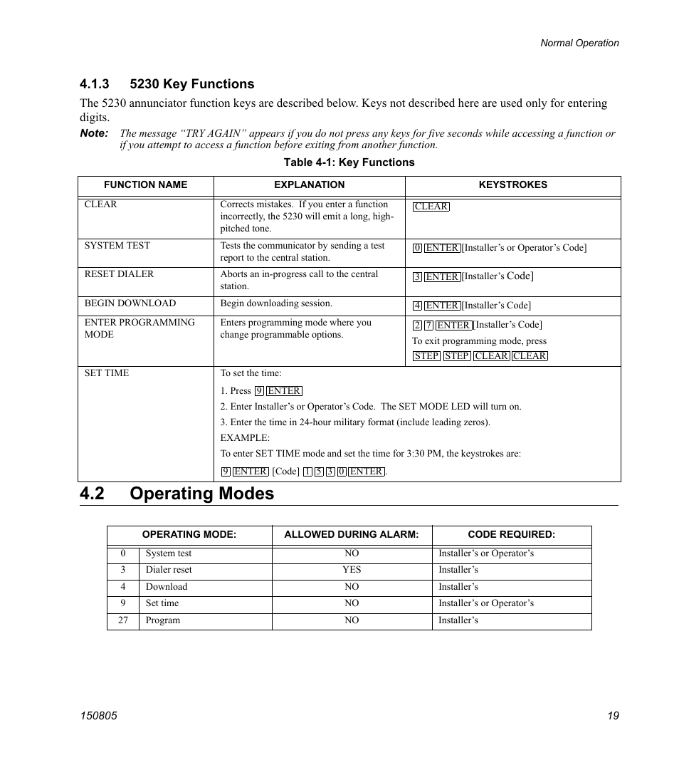 3 5230 key functions, 2 operating modes | SilentKnight 5129 Digital Alarm Communicator Transmitter User Manual | Page 23 / 42