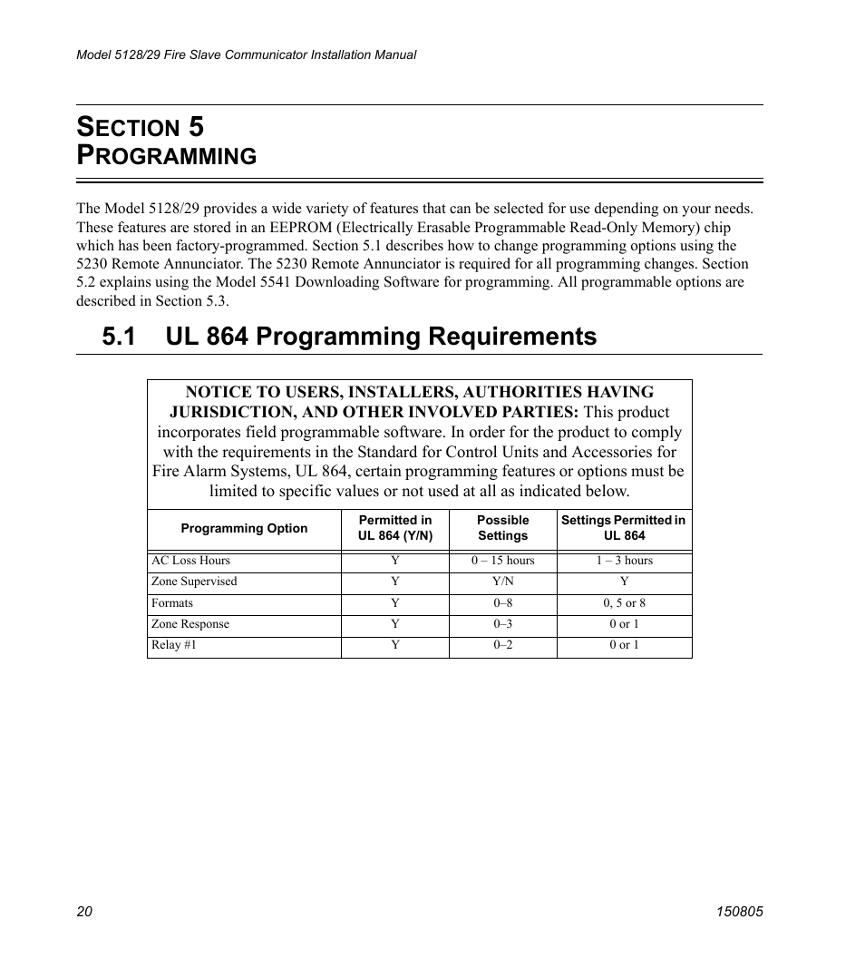 Section 5 programming, 1 ul 864 programming requirements, Ection | Rogramming | SilentKnight 5129 Digital Alarm Communicator Transmitter User Manual | Page 24 / 42
