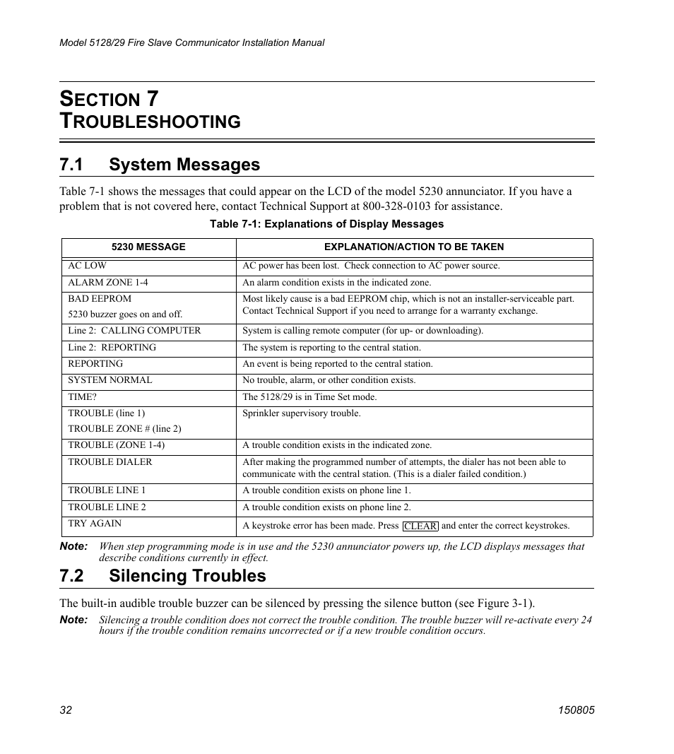 Section 7 troubleshooting, 1 system messages, 2 silencing troubles | N 7.2), Ection, Roubleshooting 7.1 system messages | SilentKnight 5129 Digital Alarm Communicator Transmitter User Manual | Page 36 / 42