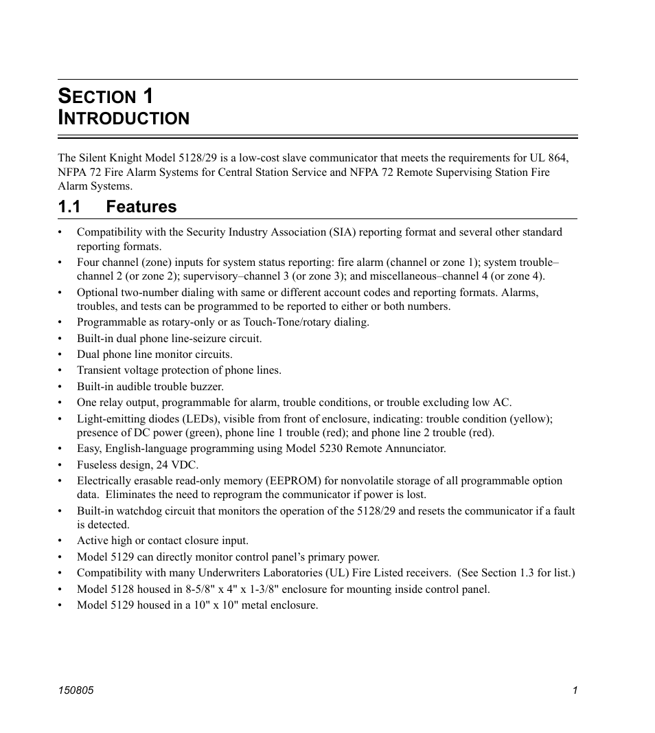 Section 1 introduction, 1 features, Ection | Ntroduction | SilentKnight 5129 Digital Alarm Communicator Transmitter User Manual | Page 5 / 42