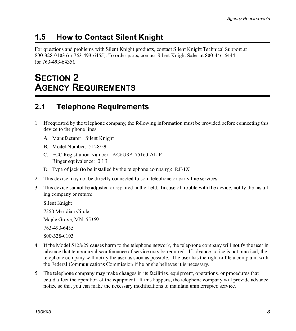 5 how to contact silent knight, Section 2 agency requirements, 1 telephone requirements | Ection, Gency, Equirements 2.1 telephone requirements | SilentKnight 5129 Digital Alarm Communicator Transmitter User Manual | Page 7 / 42
