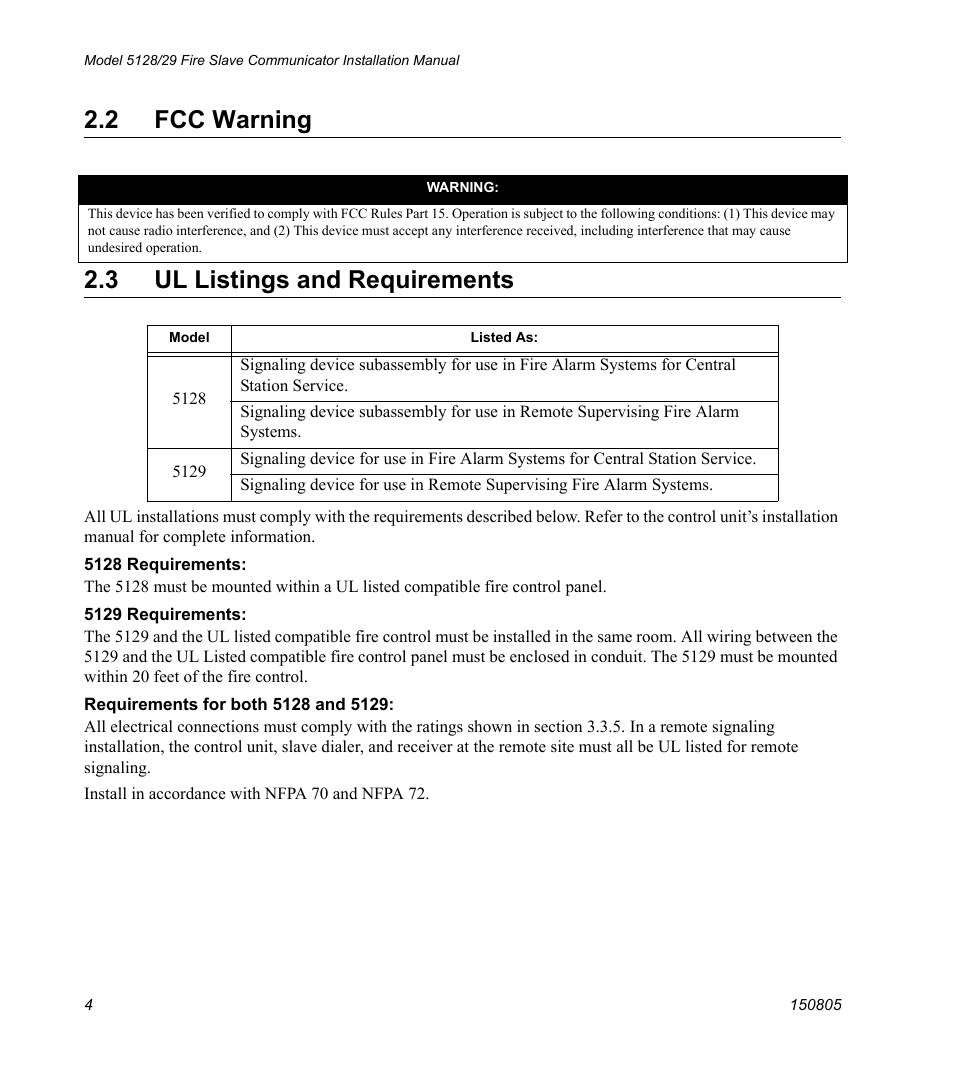 2 fcc warning, 3 ul listings and requirements, 2 fcc warning 2.3 ul listings and requirements | SilentKnight 5129 Digital Alarm Communicator Transmitter User Manual | Page 8 / 42