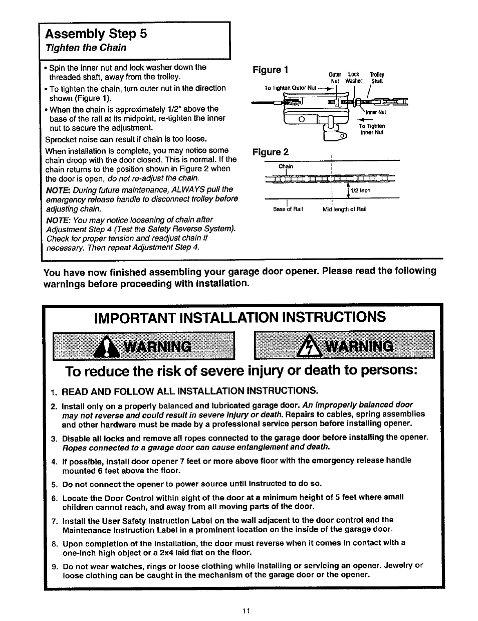 Assembly step 5, Important installation instructions, Read and follow all installation instructions | Л warning д warning | Craftsman 139.53975SRT User Manual | Page 11 / 40