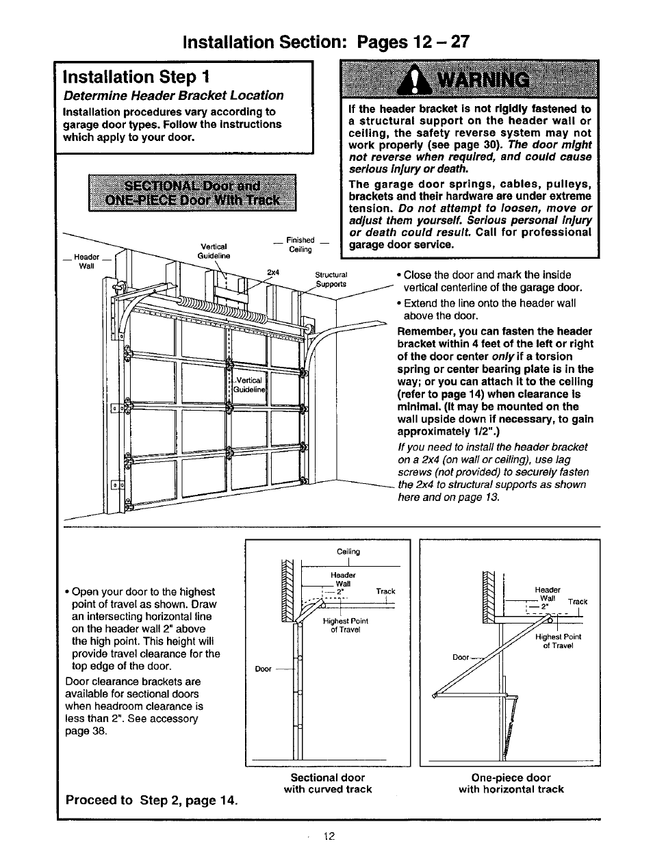 Door with track, Determine header bracket location, Proceed to step 2, page 14 | Craftsman 139.53975SRT User Manual | Page 12 / 40