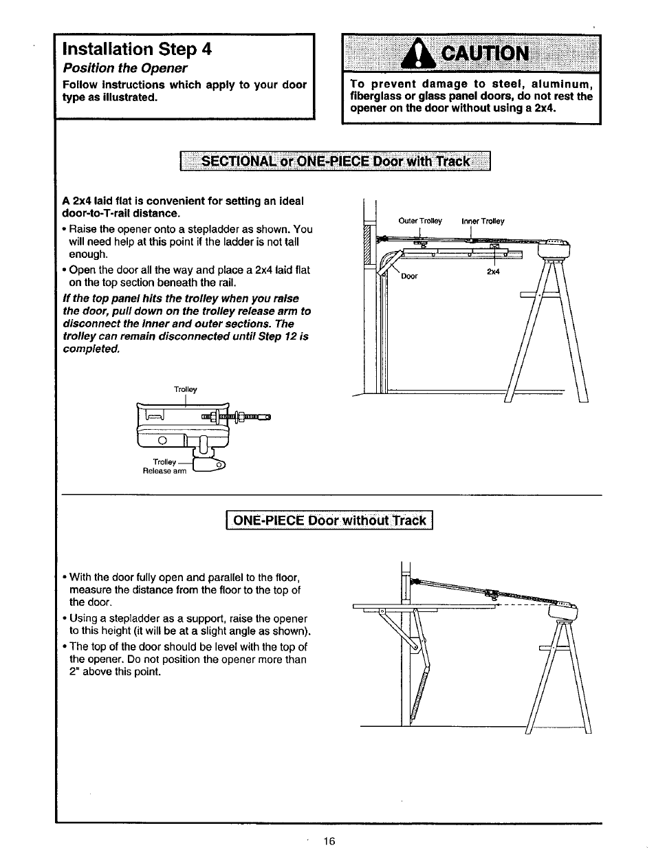 Installation step 4, Sectional or one-piece door with track, One-piece door without track | Caution | Craftsman 139.53975SRT User Manual | Page 16 / 40