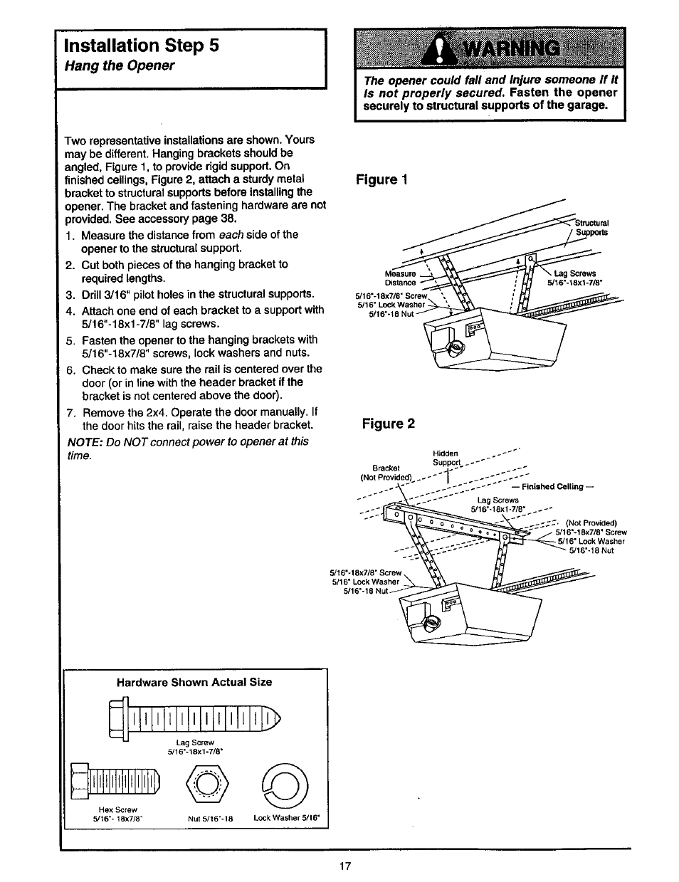 Installation step 5, Figure 1, Hang the opener | Figure 2 | Craftsman 139.53975SRT User Manual | Page 17 / 40