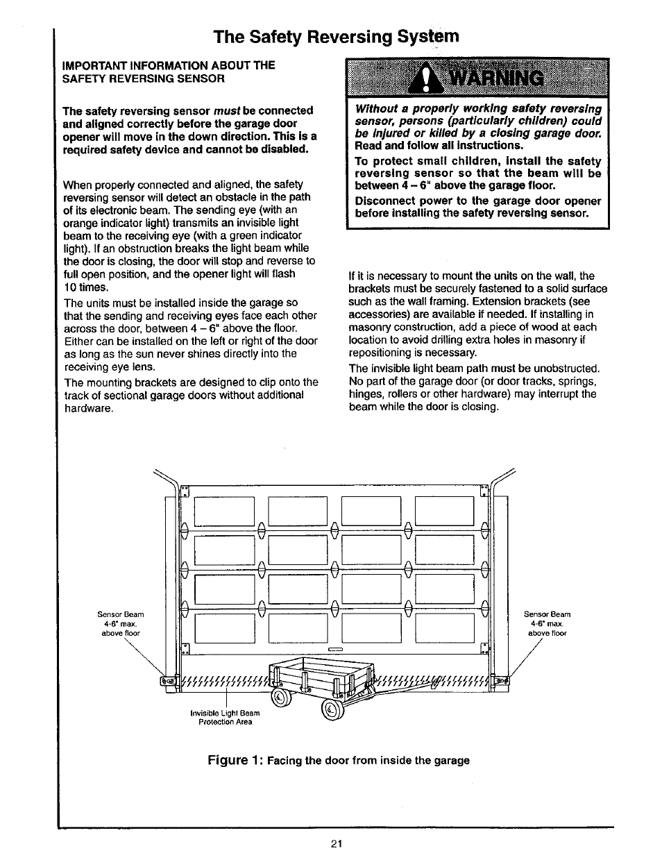 The safety reversing system, Test the safety reversing sensor, Figure 1 | Craftsman 139.53975SRT User Manual | Page 21 / 40