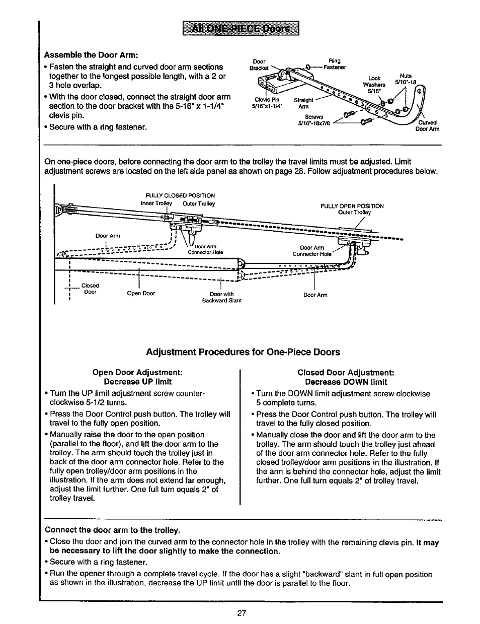 Adjustment procedures for one-piece doors | Craftsman 139.53975SRT User Manual | Page 27 / 40