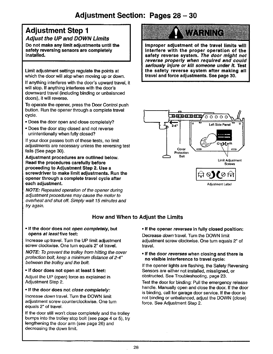 Adjustment step 1, Toooy, How and when to adjust the limits | Craftsman 139.53975SRT User Manual | Page 28 / 40